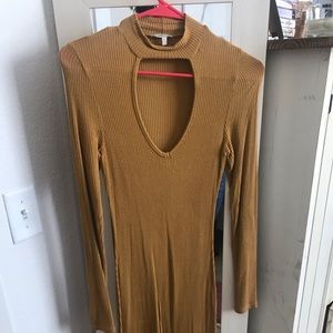 Gold, long sleeve bodycon midi dress